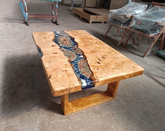 Poplar Wood Ocean Epoxy Table: Handmade Resin Dining Table (31x47 Inches)
