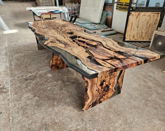 Handmade Hackberry Wood Epoxy Table: Clear Resin River Dining Table