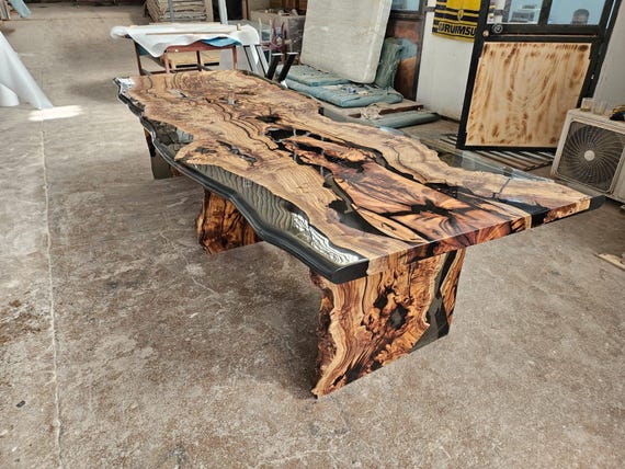 Handmade Hackberry Wood Epoxy Table: Clear Resin River Dining Table
