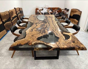 Handmade Hackberry Wood Epoxy Dining Table with Metal Legs