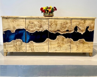 Custom Poplar Wood Sideboard: Dark Blue Epoxy Resin TV Console