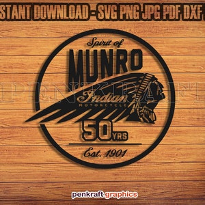 May include: Black and white graphic design of an Indian Motorcycle logo with the text "Spirit of Munro", "Indian Motorcycle", "50 YRS", and "Est. 1901".