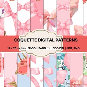 Puede incluir: Un conjunto de 20 patrones digitales con lazos rosas, cerezas y diseños florales. Los patrones miden 30,48 cm x 30,48 cm y 300 DPI. Los patrones están disponibles en formatos JPG y PNG.