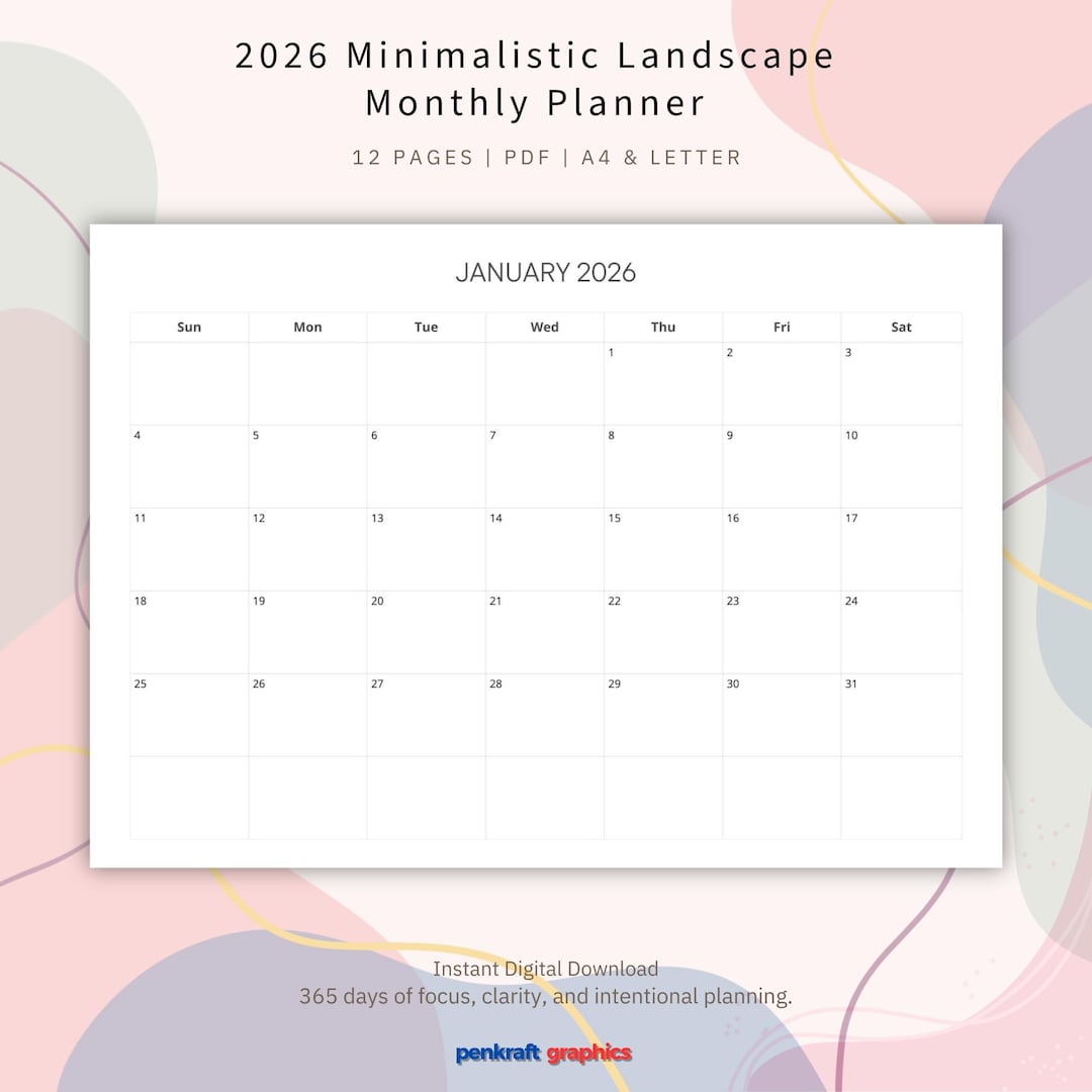 2026 Monthly Planner | Minimalist Landscape Calendar (digital Download ...