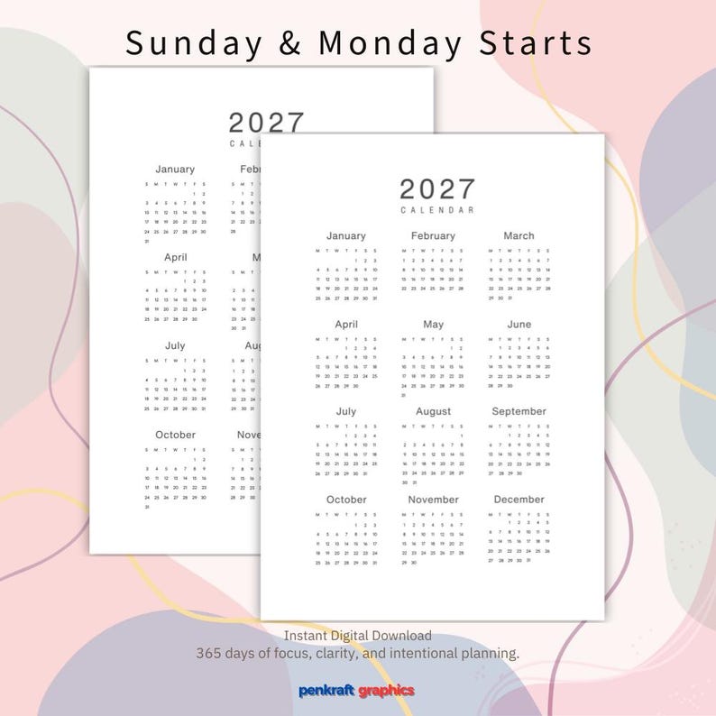 2027 Minimalist Calendar | Printable Single Page (digital PDF Download ...