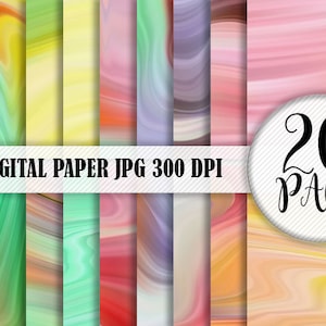 May include: 20 digital papers in a pack. Each paper features a colorful abstract design with swirling lines in shades of pink, green, yellow, orange, and purple. The papers are 300 DPI.