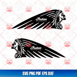 May include: Black and white silhouette of an Indian motorcycle logo. The logo features a Native American headdress with a skull face and a wing design. The text "Indian Motorcycle" is written below the headdress.