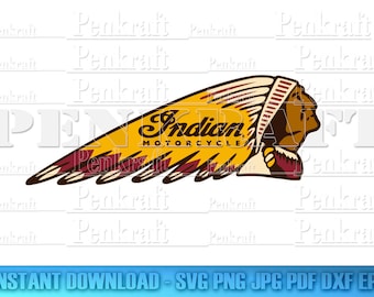 Peut inclure: Un logo Indian Motorcycle jaune et rouge avec une coiffe amérindienne stylisée et les mots "Indian Motorcycle" en écriture cursive.