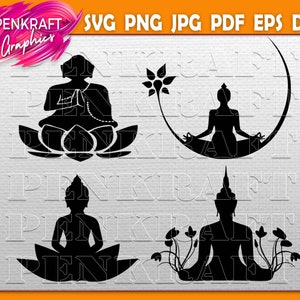 Peut inclure: Graphiques de silhouettes noires de Bouddhas dans diverses postures de yoga. Une figure est assise sur une fleur de lotus, une autre dans un croissant de lune, et deux autres en positions méditatives. Le texte "PENKRAFT Graphics" et les options de type de fichier sont inclus.