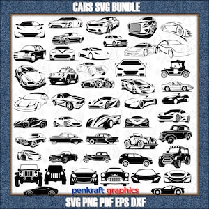 Könnte beinhalten: Eine Sammlung von 40 schwarzen und weißen Auto-SVG-Schnittdateien. Die Autos sind in verschiedenen Stilen, darunter klassische, moderne und Sportwagen. Die SVG-Dateien können für Basteln, Scrapbooking und andere kreative Projekte verwendet werden.