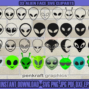 May include: A set of 33 alien face SVG clip art images. The images are in black and white, green, and gray. The alien faces have different expressions, including smiling, frowning, and wearing sunglasses.