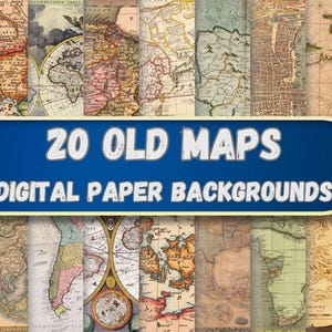 Puede incluir: Un collage de 20 mapas antiguos en varios colores y estilos, incluyendo un mapa del mundo, un mapa de América del Norte y un mapa de Europa. Los mapas están dispuestos en una cuadrícula y tienen un aspecto vintage. El texto "20 OLD MAPS DIGITAL PAPER BACKGROUNDS" se muestra en una pancarta azul.