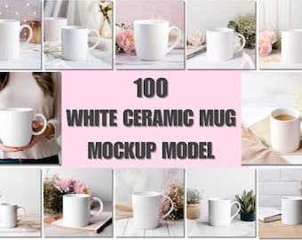100 White Ceramic Mug Mockup Bundle: 11oz Cup (JPG, PSD)
