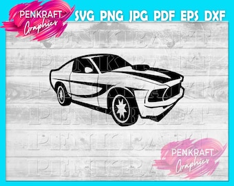 May include: Black and white illustration of a classic muscle car. The car has a sleek design with a hood scoop and racing stripe. The image also includes the text "SVG PNG JPG PDF EPS DXF" and the "PenKraft Graphics" logo.
