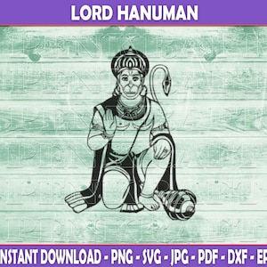 Puede incluir: Ilustración en blanco y negro de líneas de Lord Hanuman, una deidad hindú, sentado en una postura meditativa con las manos en posición de oración. La imagen está sobre un fondo de madera de veta verde claro.