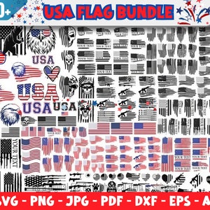May include: A digital download bundle of over 500 USA flag graphics in various styles, including distressed, grunge, and patriotic. The graphics are available in SVG, PNG, JPG, PDF, DXF, EPS, and Ai formats. The text "USA FLAG BUNDLE" is displayed at the top of the image.