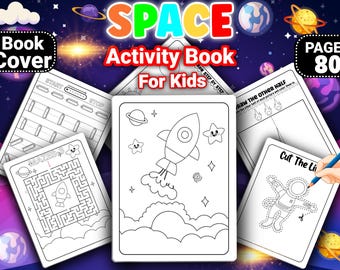 May include: A black and white activity book for kids with the title "SPACE Activity Book for Kids" and the text "PAGES 80". The book features images of a rocket, an astronaut, a maze, and a connect-the-dots activity.