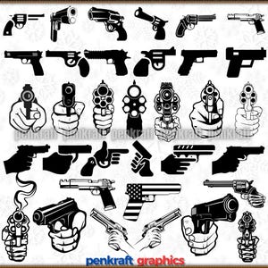May include: A collection of black and white silhouette images of various handguns, revolvers, and pistols. Some of the images show hands holding the guns.