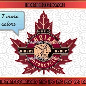 May include: A red maple leaf design with a gold circle in the centre. The circle has the words "Indian Motorcycle" and "Riders Group" around the edge. The centre of the circle has a Native American headdress with the words "Est. 1901 USA" above it.