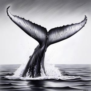 Dibujo a lápiz de cola de ballena realista / Boceto artístico a carboncillo / Impresión náutica en blanco y negro / Descarga digital