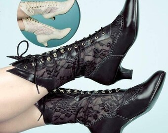 Women Victorian Pointed Toe Mid-Calf Boots Leather Lace Hollow Out Punk Lace Up Strange High Heel