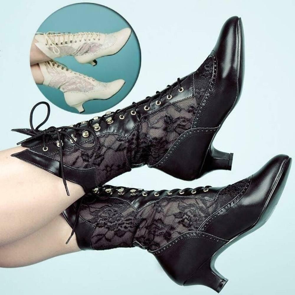 Women's Fashion Victorian Style Lace Up Leather Boots Medieval Vintage Lace  Up Knight Boots Mid-calf Boots Autumn Winter Chunky Heel Shoes Ankle Short