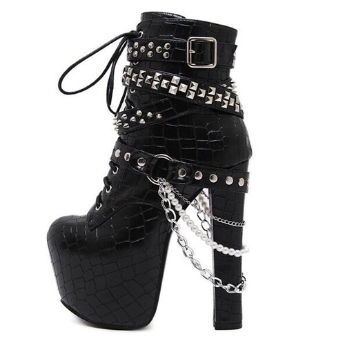 Metal Chain Zipper Rivet Motorcycle Boots Women Demonias Shoes Super High Heels, Punk Boots