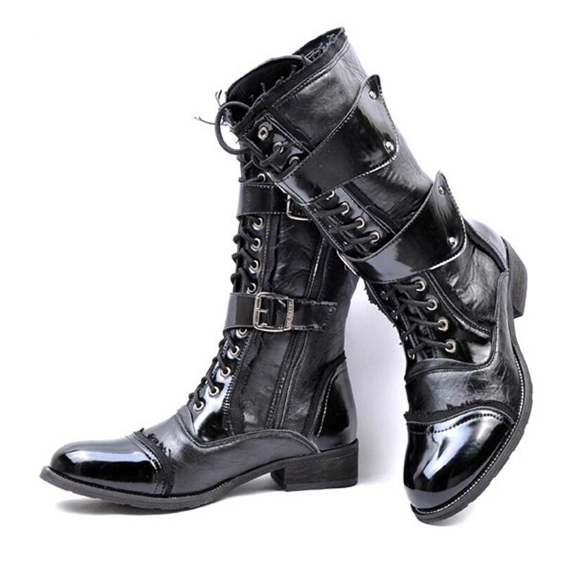 Gothic Punk Cosplay Dance Boots for Men, Mid Leg Patent Leather Short Military Boots Fall Winter