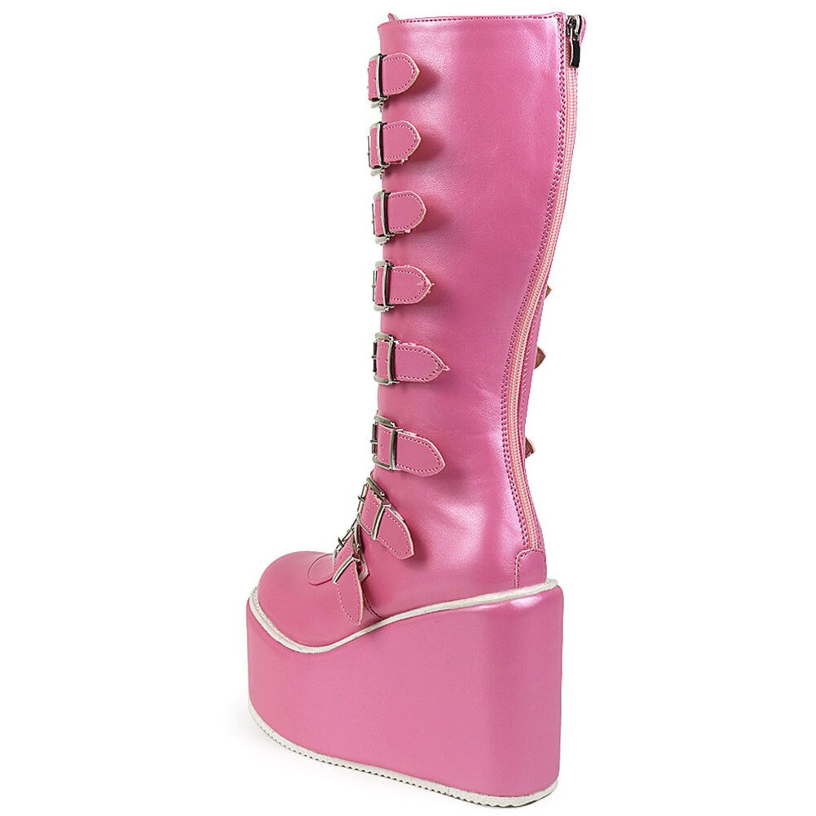 Kneehigh Pink Goth Platform Boots With Silver Buckles Combat Etsy