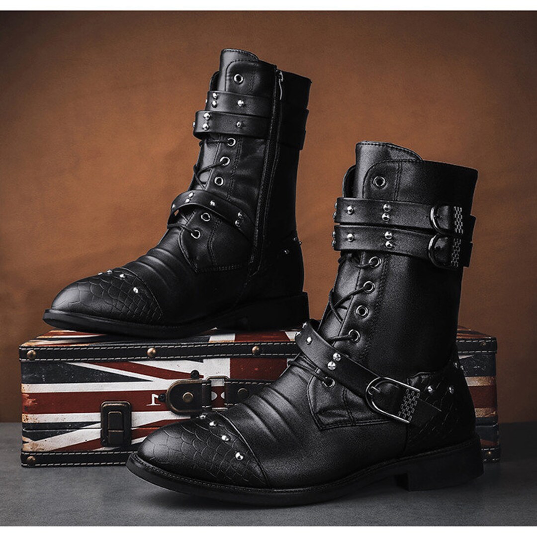 Men's Punk Pocket Lace Up Faux Leather Army Boots Riding Boots