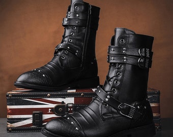 Men Fashion Leather Motorcycle Boots Mid-calf Warm Boots Black Gothic Belt Rivet Punk Rock Boots Tactical Army Boot
