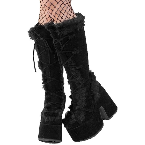 Design Goth Warm Pelz Goth Damen Stiefel Chunky High Heels Plattform Cosplay Winter Schuhe Frau Größe 43