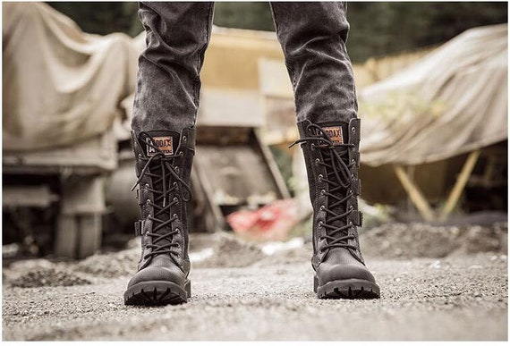 Mens Combat Military Motorcycle Mid Calf Boots Riding Punk Lace Up Casual  Boots 