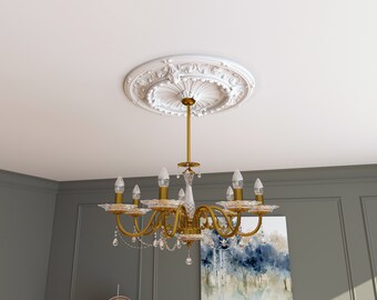 Rosace De Plafond En PU Blanc - Diamètre 39 Cm, Décoratif, Cache-fil, Installation Sans Perçage