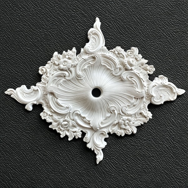 Rosace de plafond vintage en plâtre diamanté de 89 cm avec de beaux motifs, des roses, des fleurs et des feuilles - Superbe accent de grande taille, couleur blanche