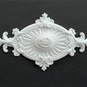 Könnte beinhalten: Weißes Gips-Deckenmedaillon mit einem verzierten, floralen Design. Das Medaillon hat eine zentrale ovale Form mit einem kleineren, erhabenen floralen Design.