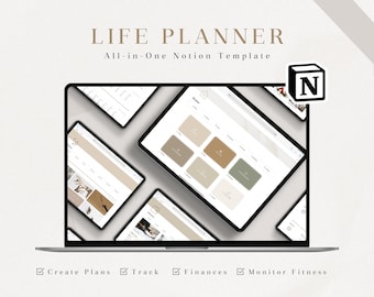 May include: A laptop screen displaying a Notion template for a life planner. The template includes sections for creating plans, tracking finances, and monitoring fitness. The text "LIFE PLANNER" and "All-in-One Notion Template" is displayed at the top of the screen. The Notion logo is in the upper right corner of the screen.
