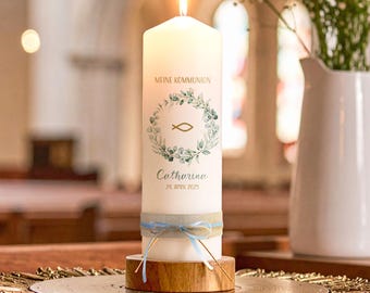 AMARI ® Kommunionkerze personalisiert Eukalyptus Fisch  - 3 verschiedene Größen - Junge/Mädchen - Kommunionkerze gestalten