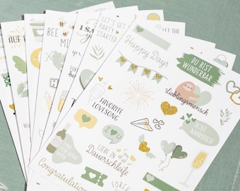 AMARI® | 168 Wedding Stickers Green/Gold | Stickers finished with gold glitter | Set for guest book, photo album & gifts | Wedding stickers