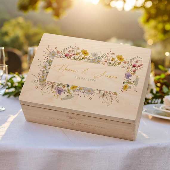 Erinnerungskiste Hochzeit personalisiert aus Holz | Geschenk Trauung, Standesamt | AMARI | Erinnerungsbox Deckel [Blütenmeer 001.01.21]