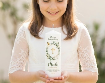 AMARI® Gepersonaliseerde communiekaars met eucalyptuskruis (002.08.17) - 3 verschillende maten - Jongen/Meisje - Ontwerp je eigen communiekaars
