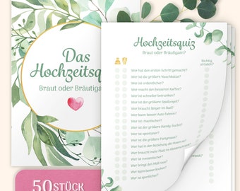 AMARI® Hochzeitsquiz -  50 Karten DIN A5 mit 18 lustigen Fragen - Ideales Hochzeitsspiel für Gäste und Brautpaar