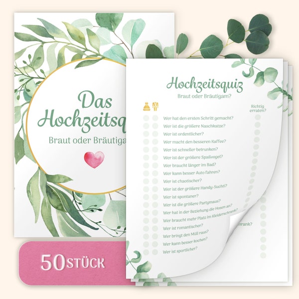 AMARI® Hochzeitsquiz -  50 Karten DIN A5 mit 18 lustigen Fragen - Ideales Hochzeitsspiel für Gäste und Brautpaar