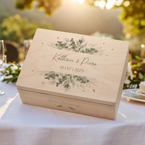Erinnerungskiste Hochzeit personalisiert aus Holz | Geschenk Trauung, Standesamt | AMARI | Erinnerungsbox Deckel [Pflanzenwelt 001.01.07]
