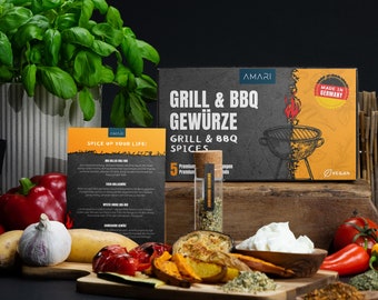 Grill & BBQ Gewürze Set – 5 erlesene Grillgewürze Geschenkset – BBQ Rub Chili Gewürz Gewürzbox Grillen Steak - AMARI®