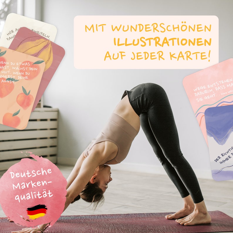 Frau praktiziert Yoga mit AMARI Achtsamkeitskarten neben sich – jede Karte ist mit liebevollen Illustrationen verziert für tägliche Selbstliebe und Achtsamkeit.