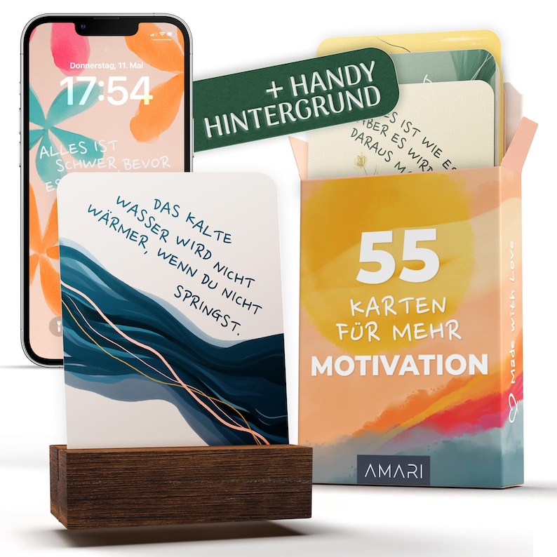 May include: A set of 55 motivational cards with a colorful abstract design. The cards feature inspirational quotes in German. The box is labeled "55 Karten f&uuml;r mehr Motivation" and "AMARI".