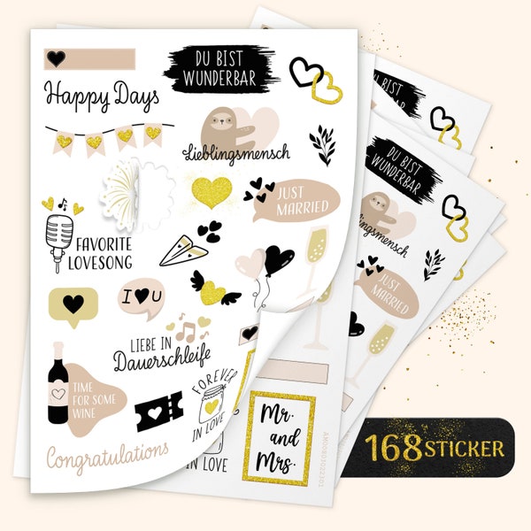 AMARI® Sticker Hochzeit Schwarz [168 Motive] - Veredelte Hochzeit Aufkleber für Gästebuch, Fotoalbum, Geschenk - Hochzeitssticker