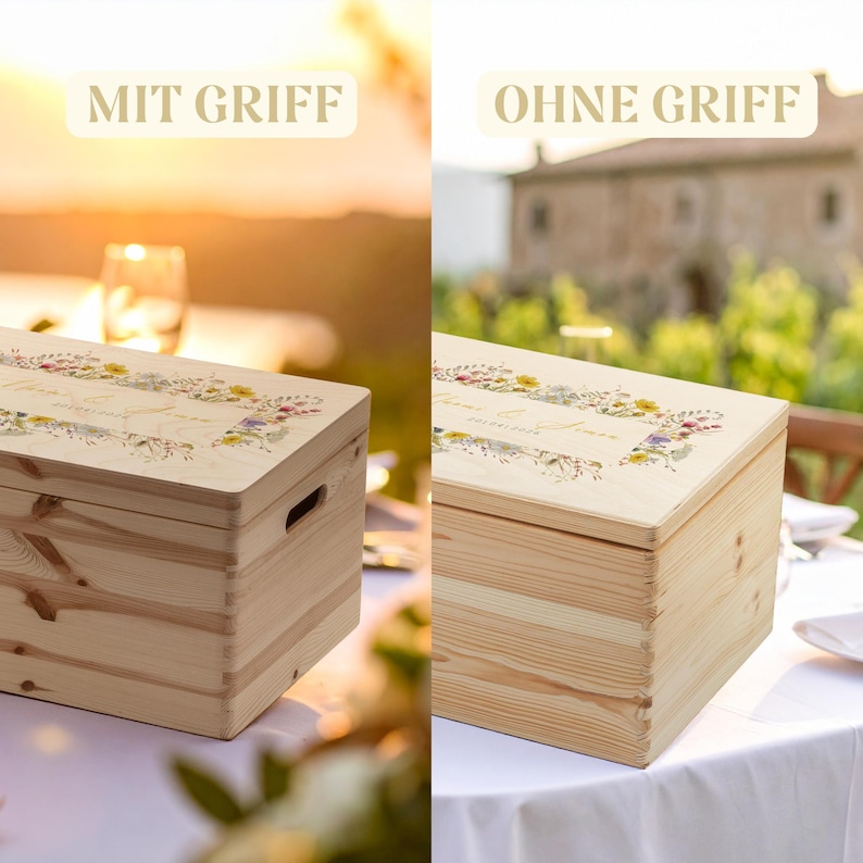 Op de afbeelding: Twee houten kisten, &eacute;&eacute;n met en &eacute;&eacute;n zonder handvat, worden op een tafel getoond. Beide kisten hebben een lichte houten afwerking en bloemmotieven op de deksels. De tekst "MIT GRIFF" en "OHNE GRIFF" staat boven de kisten.