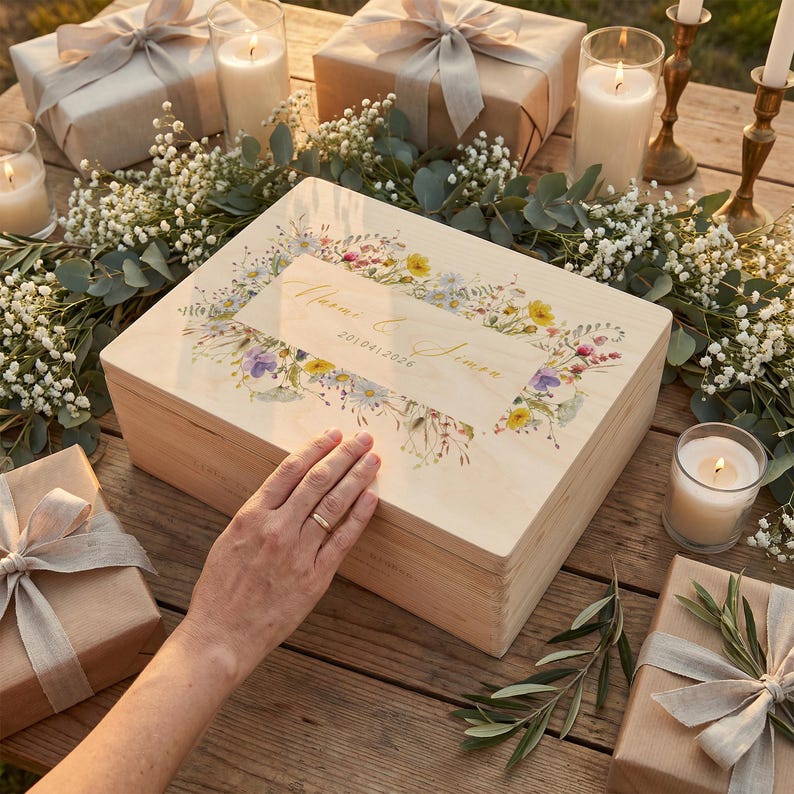AMARI Erinnerungskiste Hochzeit Blütenmeer von oben: eine Hand liegt auf dem bedruckten Deckel, daneben verpackte Geschenke und Kerzen.